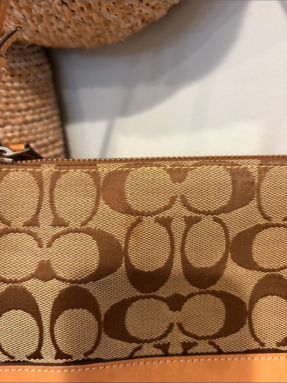 Coach Brown Tan Signature Canvas Shoulder Bag with Leather Trim #6094